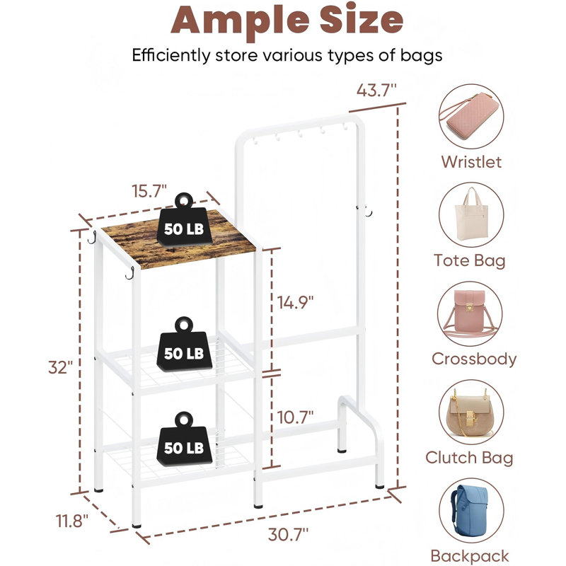 3-Tier Purse Organizer, High-Capacity Bag Holder With 8 Hooks, Multi-Functional Purse Rack For Various Bags, Handbag Display Stand Shelf For Closet, Bedroom, Entryway