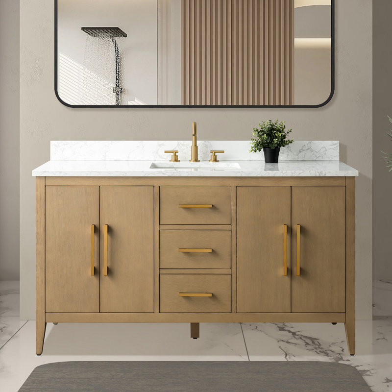 Chambery 60" Single Sink Bathroom Vanity with Engineered Marble Top, Golden Brushed, Natural Oak
