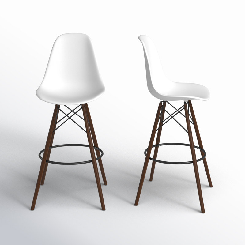 White and Walnut Mid-Century Modern Bar Stools with Acrylic Seats