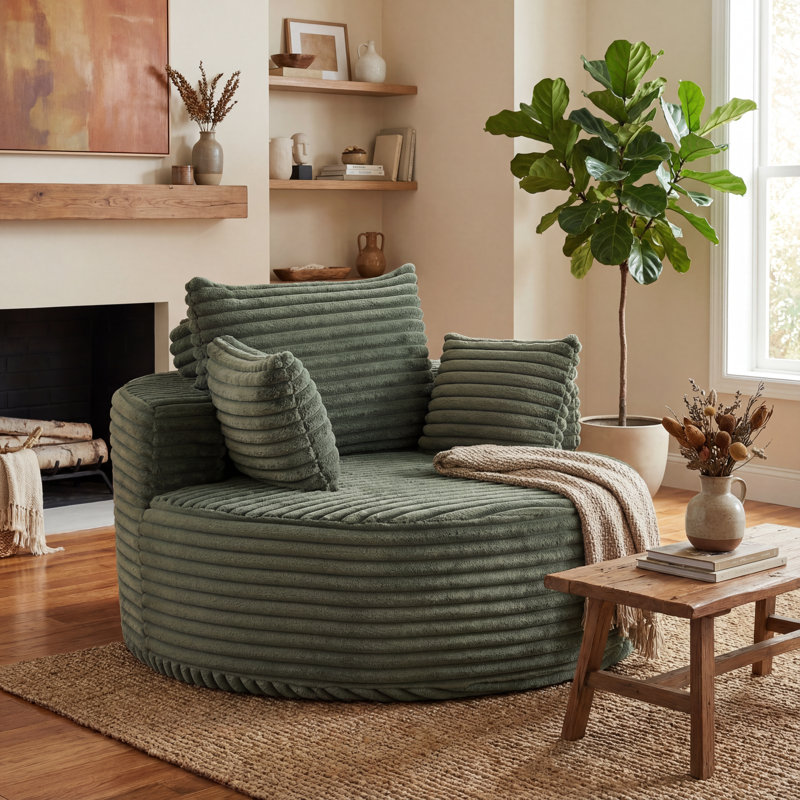 55“ Wide Compression Modern Round Corduroy Barrel Chair With Channel Tufting, Green