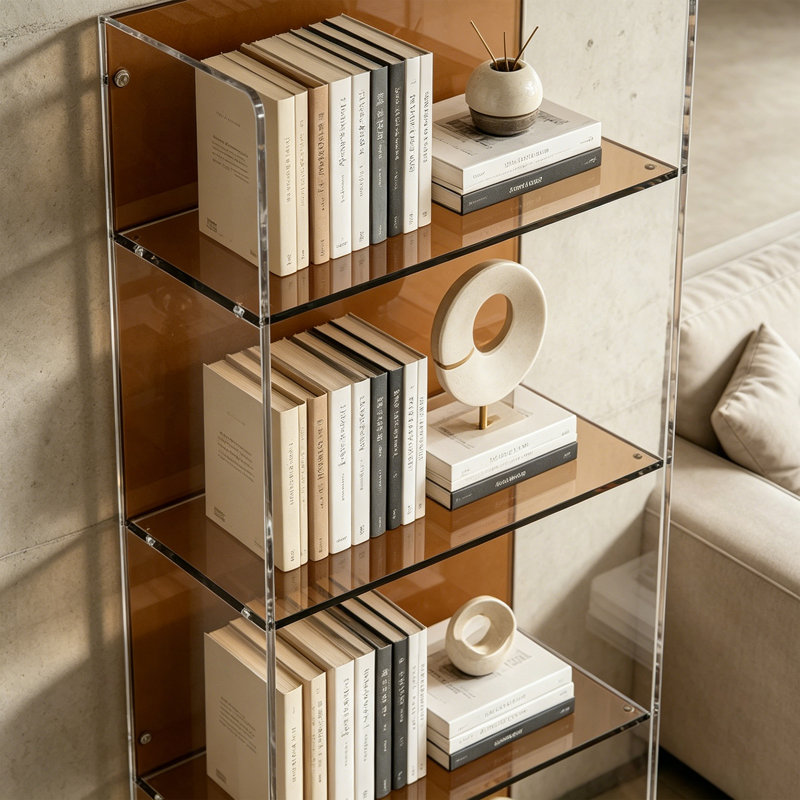 Bibliothèque moderne ambre en acrylique, (5 Shelves) 64.96"H x 23.62"W x 11.81"D