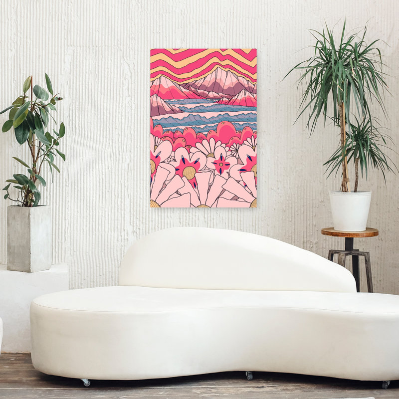 «Groovy Mountain Flowers», art abstrait coloré de paysage de montagne de rêve, 36" H x 24" W