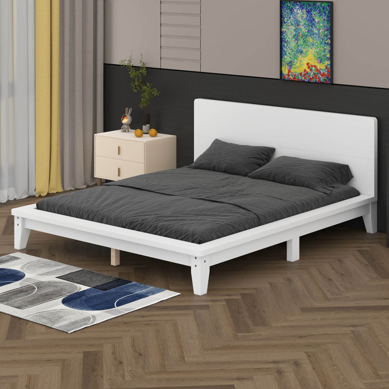 Cadre de lit plateforme avec tête de lit, cadre de lit en bois, Blanc, Grand lit