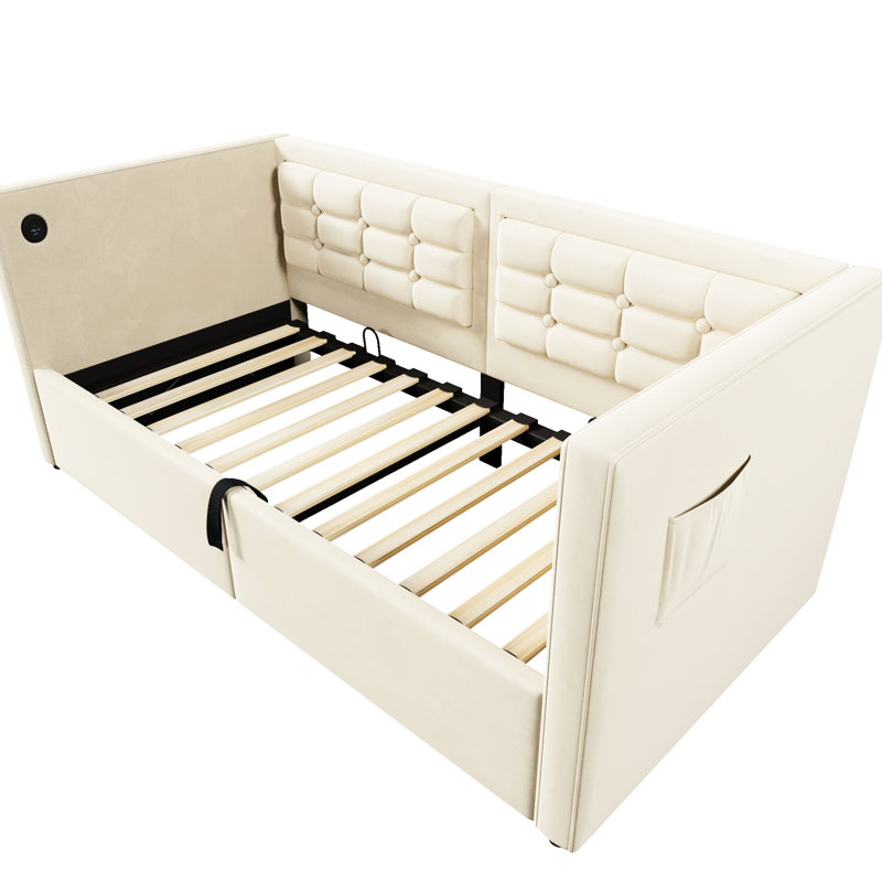 Beige Velvet Upholstered Twin Daybed With Hydraulic Storage Bed Frame, Type - C Charging, Wooden Slats, And Back, Ideal For Student Dormitories Frame & Daybed, Storage, Back Functionality