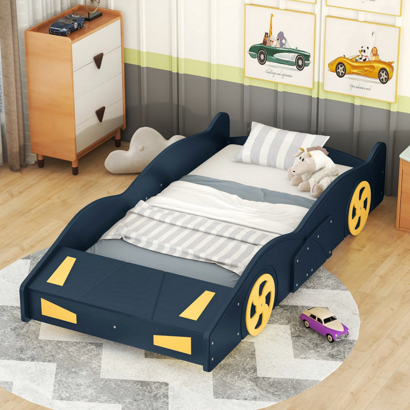 Lit plateforme avec roulettes et espace de rangement Race, Bleu foncé, Lit simple