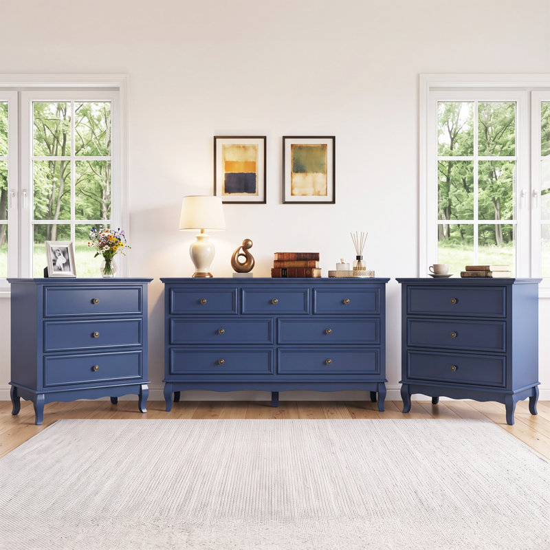 Ensemble de commode 3 pièces avec commode 7 tiroirs et 2 commodes 3 tiroirs, bleu