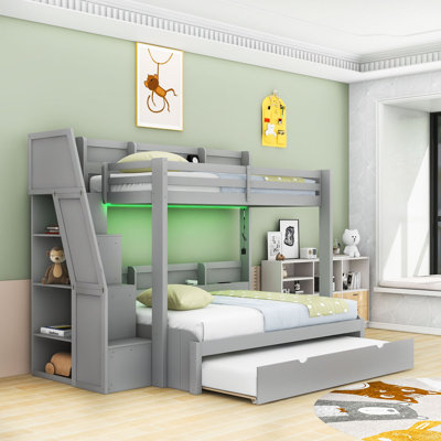 Twin Over Full Bunk Bed with LED Lighting, USB Charging Port, Storage Staircase, and Twin Trundle