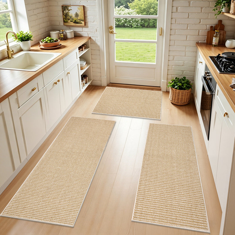Neutral Non-slip Kitchen Mat Runner (Set of 3), Brown/White