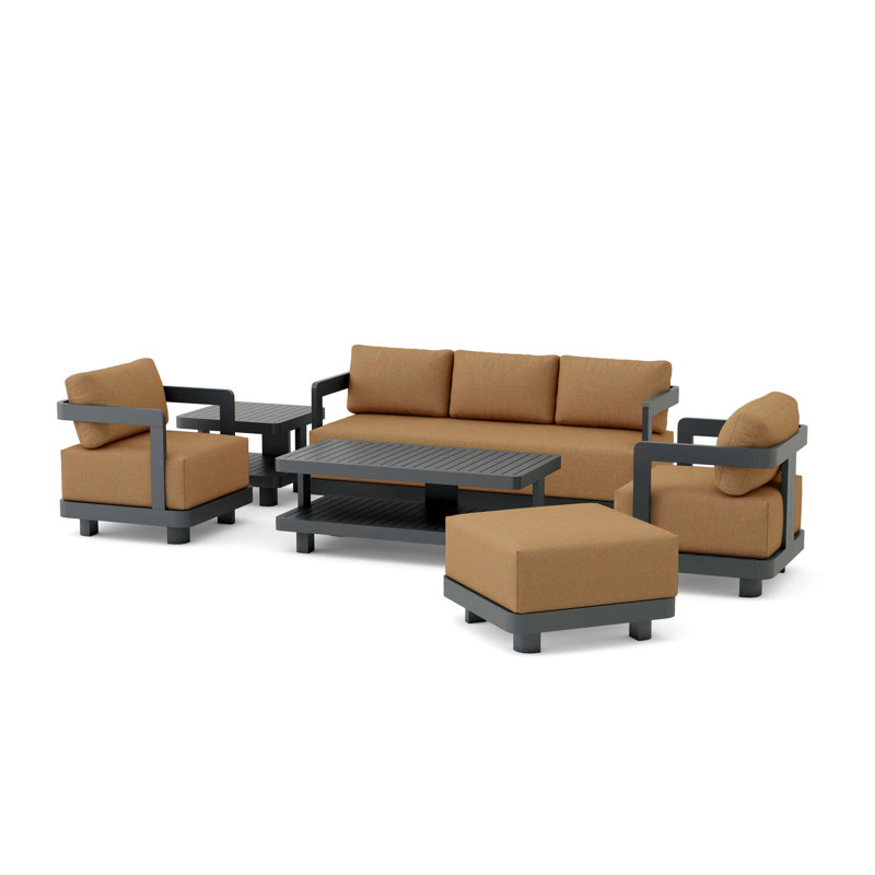 Ensemble de conversation avec coussins Massud Sunbrella, Toile teck, 2 fauteuils, canapé, repose-pieds, table, table d