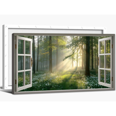  «Scenic Forest», impression murale sur toile encadrée avec fenêtre ouverte au printemps, image sereine en bois pour une œuvre d'art de salon nature, 20 x 40 po