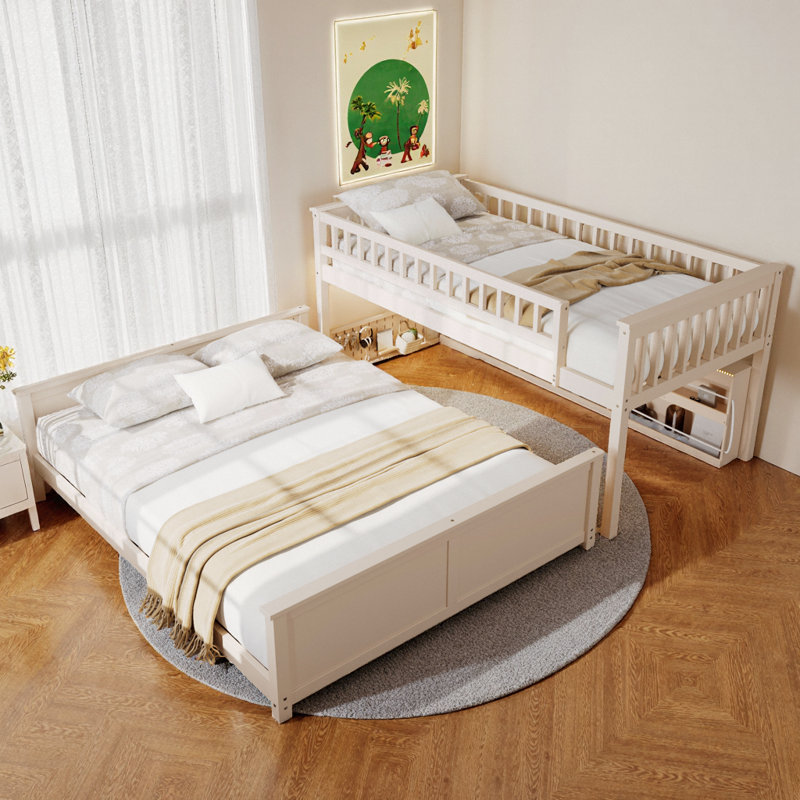 Convertible Twin XL over Queen Bunk Bed with Storage Shelf, Color-Changing LED Lights & Pegboard Organization, Beige