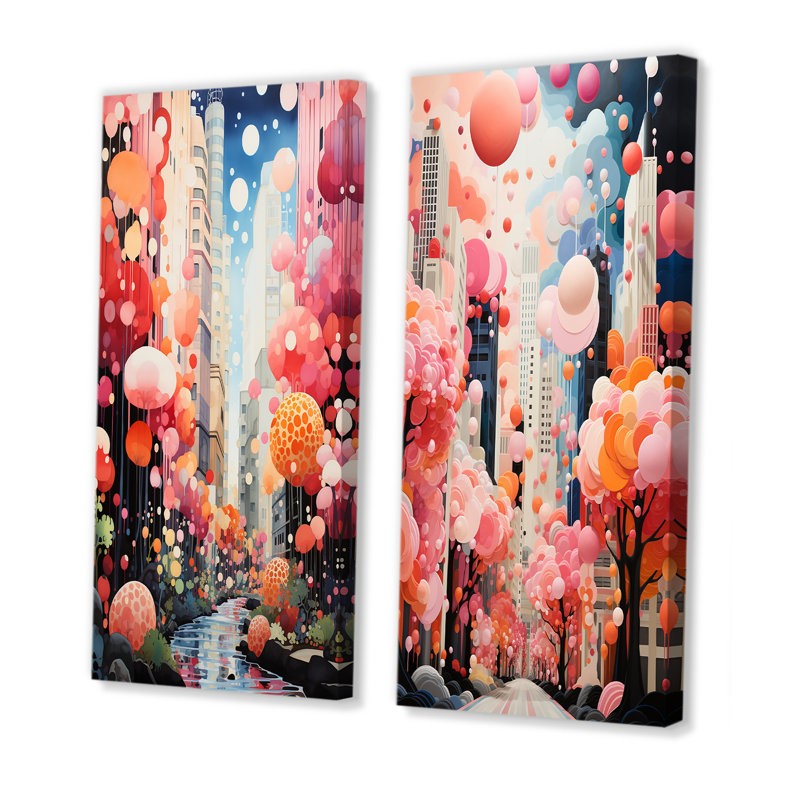 Bubble Gum Cityscape Horizon I - Ensemble de salon mural art déco urbain 2 pièces, Toile tendue, H 32 po x l 33 po