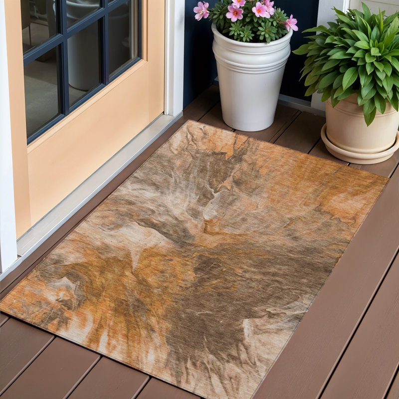 3' X 5' Orange Copper And Terra Cotta Abstract Washable Indoor Outdoor Area Rug