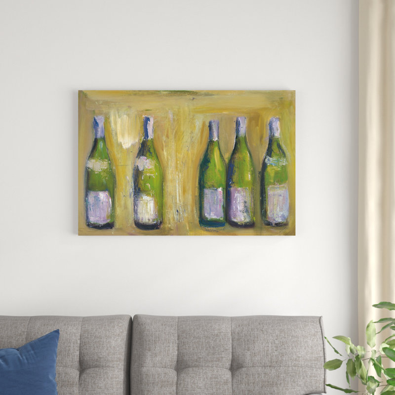 «French Wine Bottles» par Michael Clark, peinture sur toile tendue, H 24 po x l 36 po