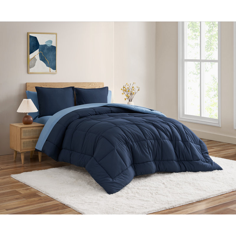 Solid Reversible Blue Comforter Set With Sheet Set, Queen Comforter + 6 Additional Pieces