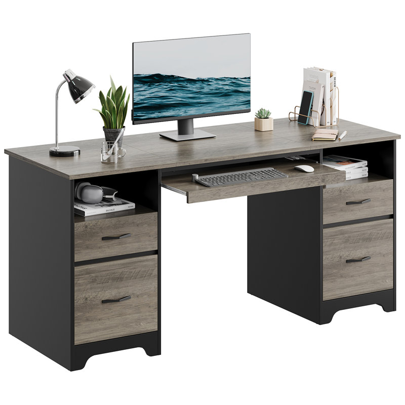 Luing 59'' Executive Desk with 2 File and Storage Drawers, Computer Writing Desk with Keyboard Tray and 2 Open Compartments for Home Office