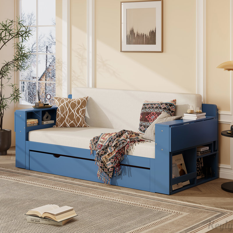 Versatile Daybed with Removable Desk, Storage Drawers, and Hydraulic Side Table for Modern Living, Blue, Queen