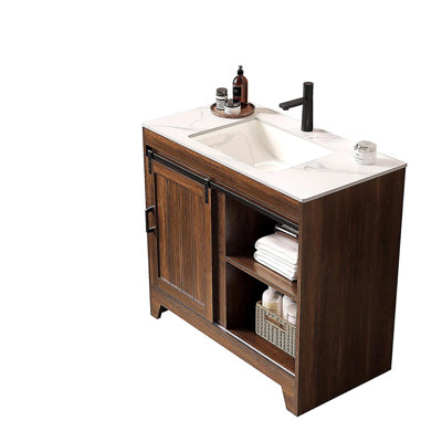 Coiffeuse de 36 pouces avec lavabo, armoire de rangement autoportante de style champêtre avec porte de grange coulissante et tablette, comptoir en pierre brunie et lavabo en céramique, couleur grain de bois de noyer foncé