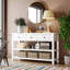 Console rétro avec deux tablettes ouvertes, structure en bois de pin massif et pieds pour le salon-340460786-340460787