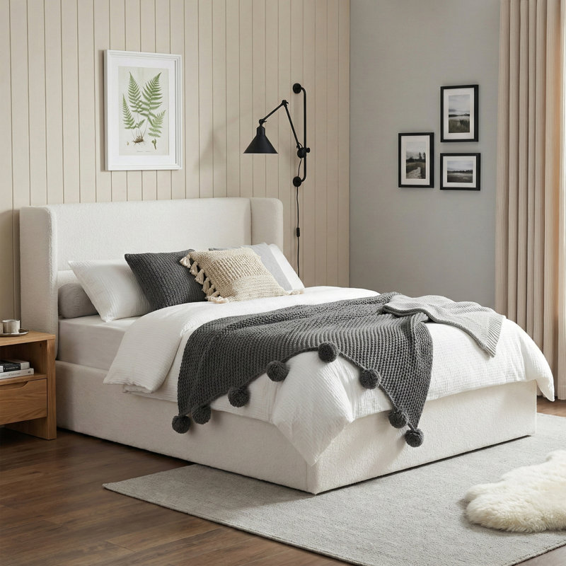 Lit plateforme tapissier avec rangement Gaillarde, Double, Blanc