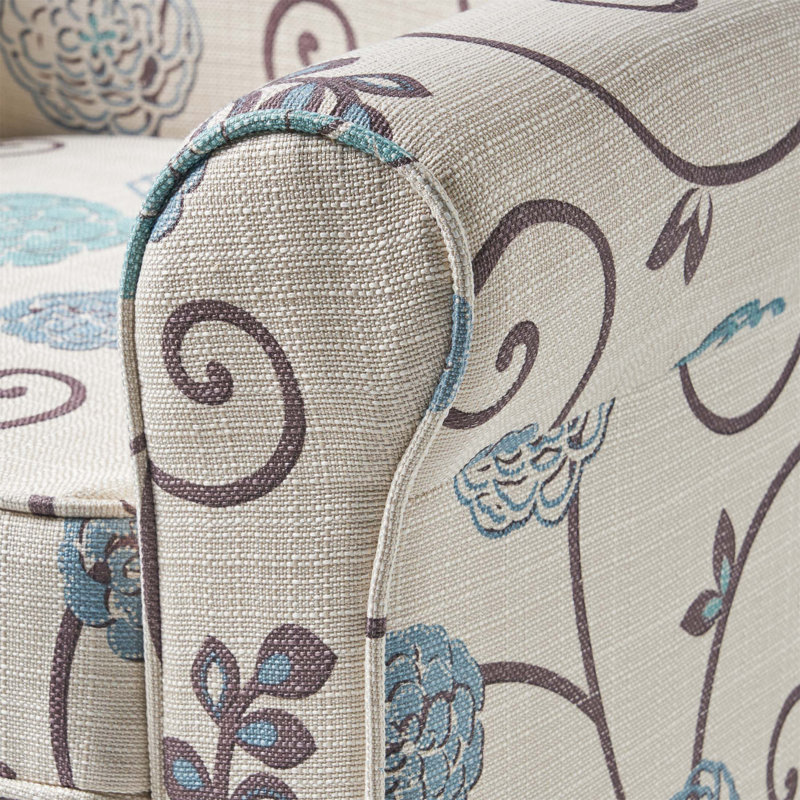 Fauteuil d'appoint décoratif, accoudoirs roulés classiques, tissu floral blanc et bleu