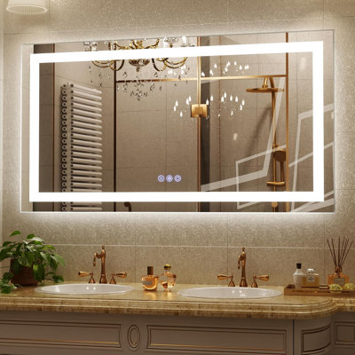 Miroir de salle de bain 55 po x 30 po à DEL avec lumières - Miroir de salle de bain rétroéclairé et éclairé à l'avant pour mur avec lumières à intensité variable 3 couleurs - Luminosité réglable, antibuée, verre trempé incassable