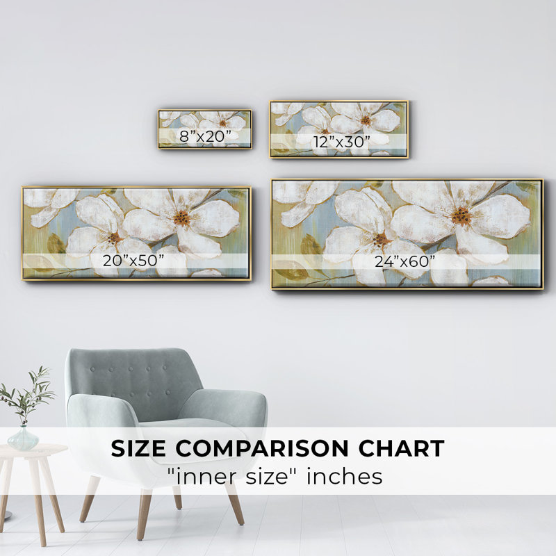 White Blossoms- Framed Canvas, 20" H x 50" W