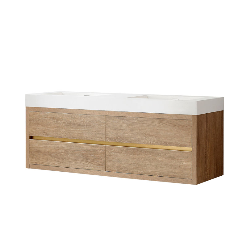 Ensemble de meuble-lavabo mural double 60 po, Finition chêne nord-américain, Blanc