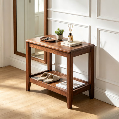 Table d'appoint rectangulaire à deux niveaux en bois massif avec tablette de rangement ouverte pour salon ou chambre