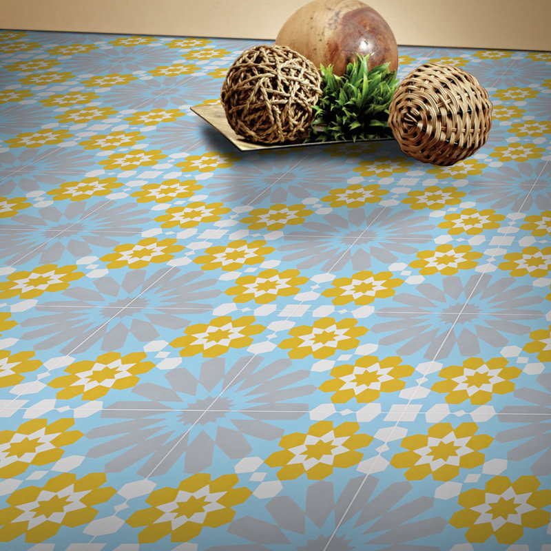 Agdal 8" x 8" Cement Patterned Wall & Floor Tile, Blue/Yellow/Gray
