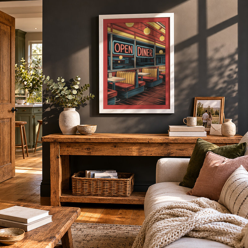 Neon Diner Glow Retro - Framed Print, A4 - 29.7 x 21.0 cm, White
