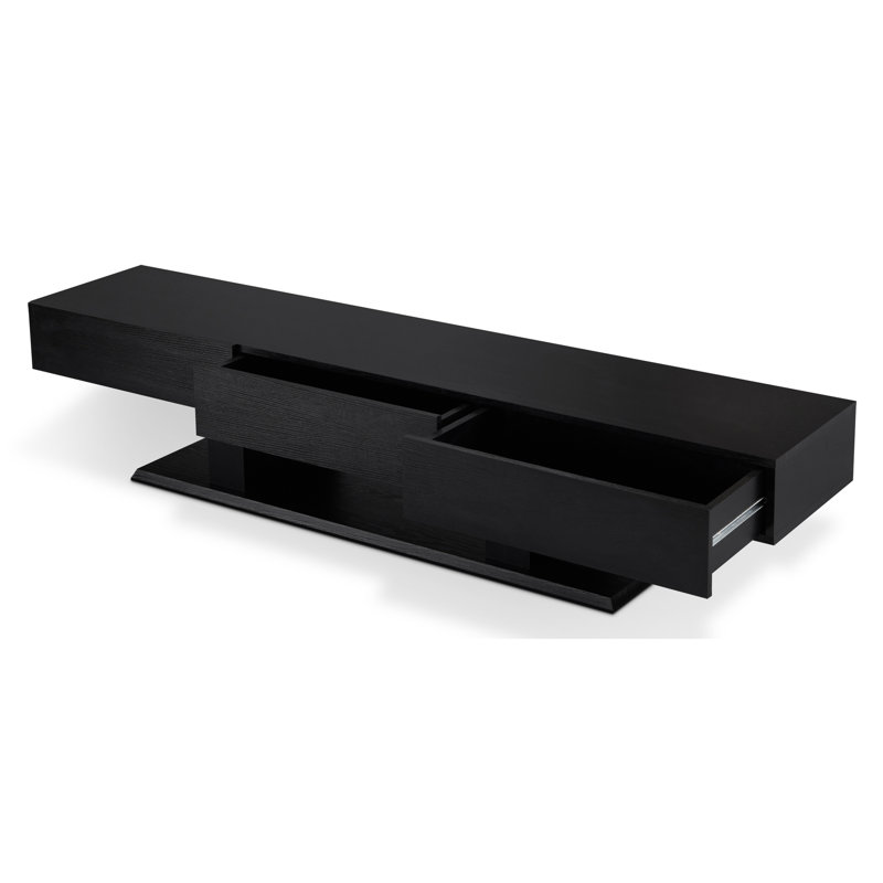 Meuble télé de 3 téléviseurs noir de 50 po rectangulaire, base en bois. Meuble de divertissement noir élégant, rectangulaire, tiroirs spacieux, expérience de visionnement confortable