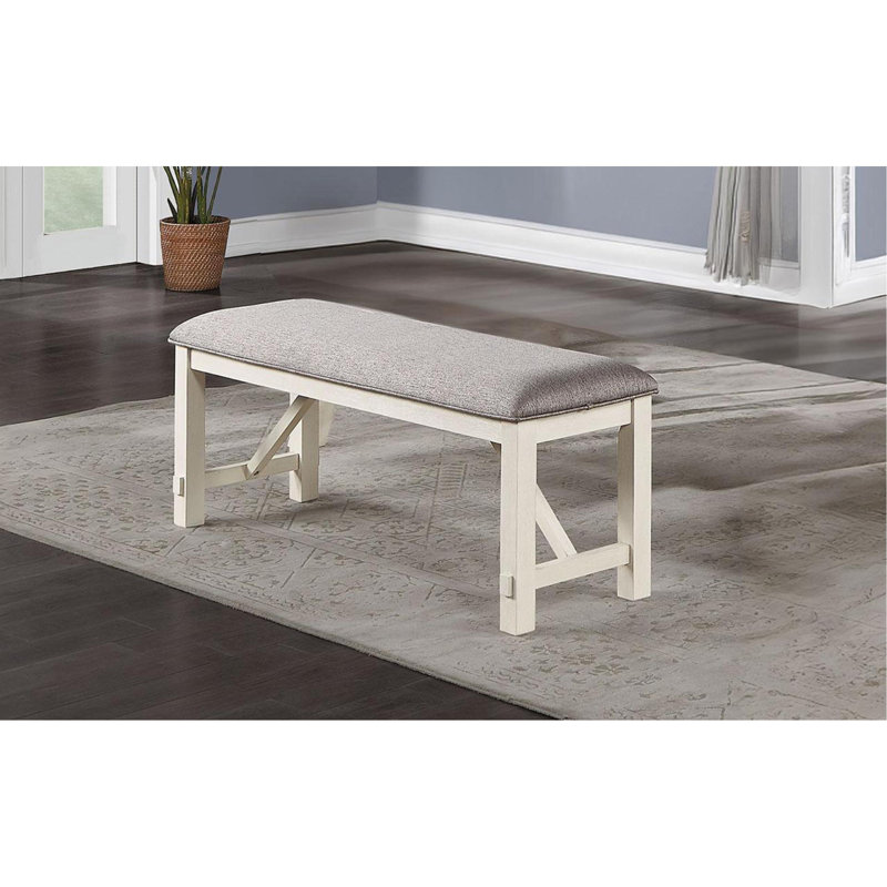 Stylish And Functional Dining Room Bench With Grey Fabric Cushion Seat And Unique Frame Back