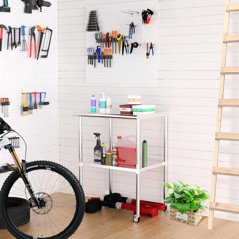 Table de travail de 24 po x 30 po en acier inoxydable avec tablettes et roulettes réglables, idéale pour la cuisine commerciale de restaurant, facile à assembler à l'extérieur, à l'hôtel et dans le garage, rapide