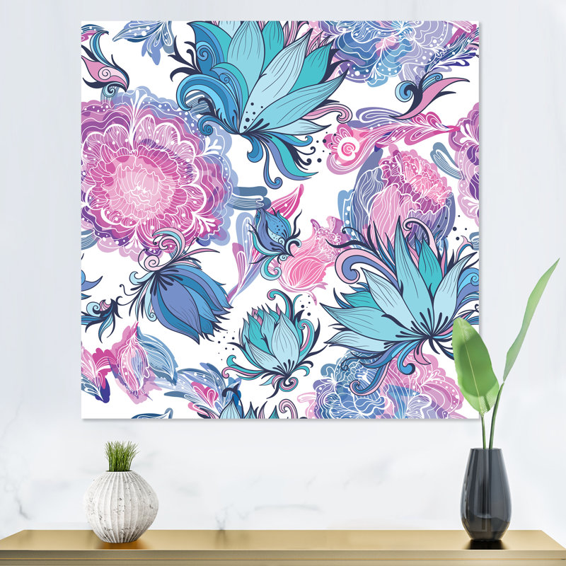 Fleurs romantiques élégantes en rose et bleu - Impression sur toile, H 16 po x l 16 po, Toile tendue