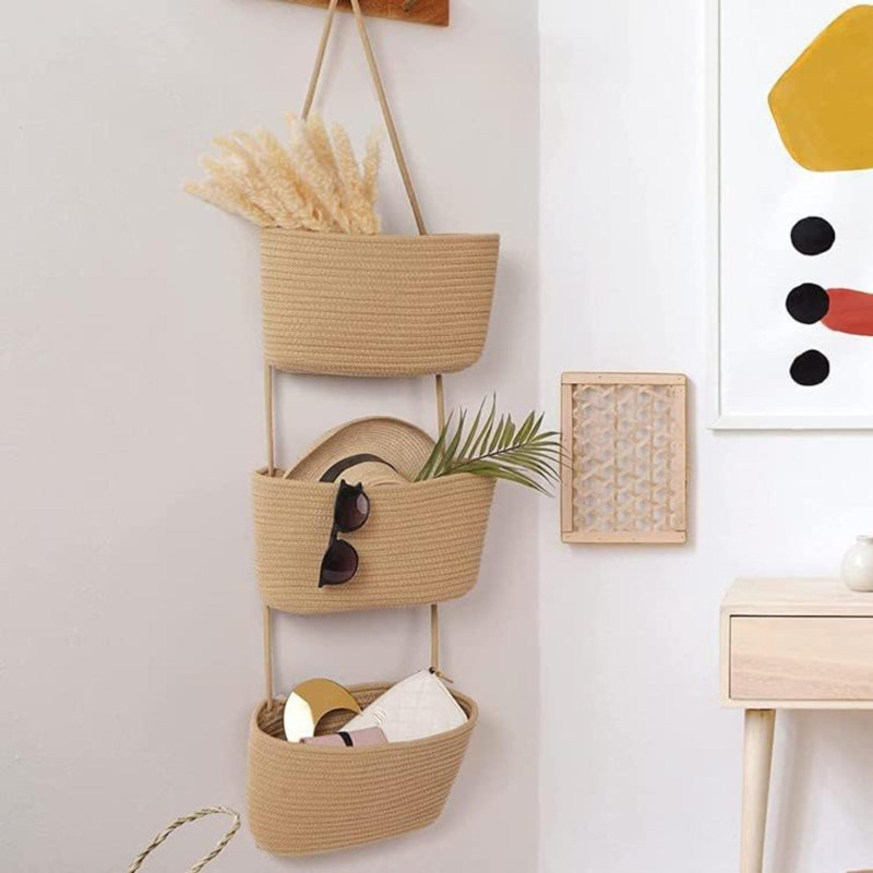 Paniers muraux suspendus en coton - Paniers décoratifs à 3 niveaux pour le mur, la chambre de bébé et la salle de bain, Beige