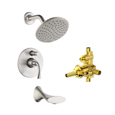 Ultra Faucets Twist Collection Shower Trim System: 6" Round Shower Head, Single Handle Set, Tub Spout & Rough-in Valve Included - Brushed Nickel