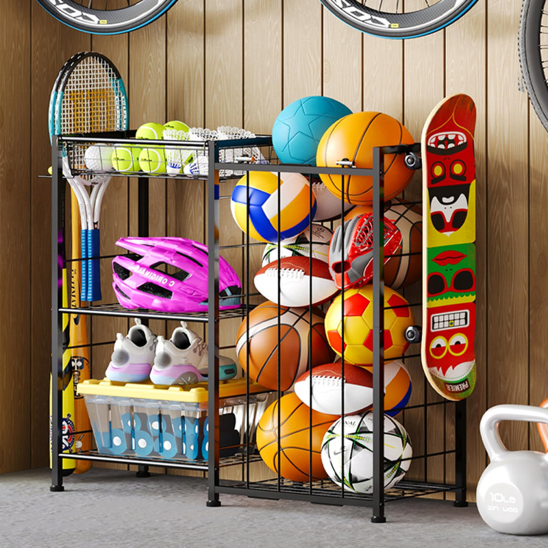 Organisateur de matériel de sport, support de rangement pour balles avec sangles élastiques et panier amovible pour l'organisation du garage, organisateur de garage avec crochets, noir