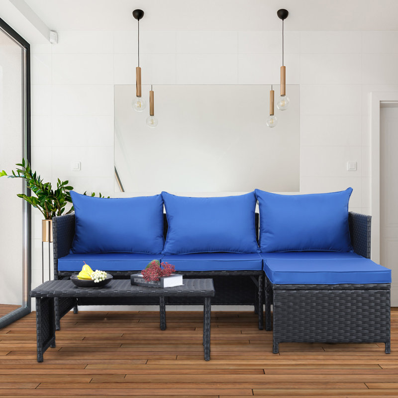 Othoson 4 - Person Outdoor Wicker Patio Conversation Furniture Set with Table and Cushion, Blue