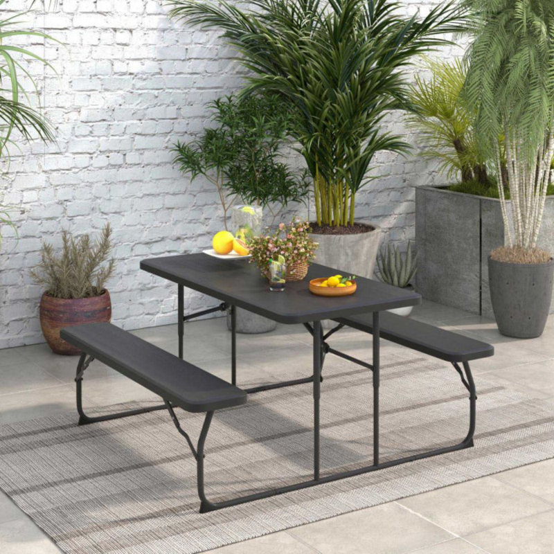 Ensemble de banc de table de pique-nique intérieur et extérieur pliable avec texture de bois, Noir