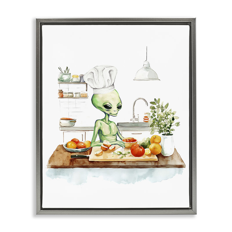 Chef Alien dans un cadre flottant de cuisine, design par Lil 'Rue, H 31 po x l 25 po, Cadre flottant gris lustré