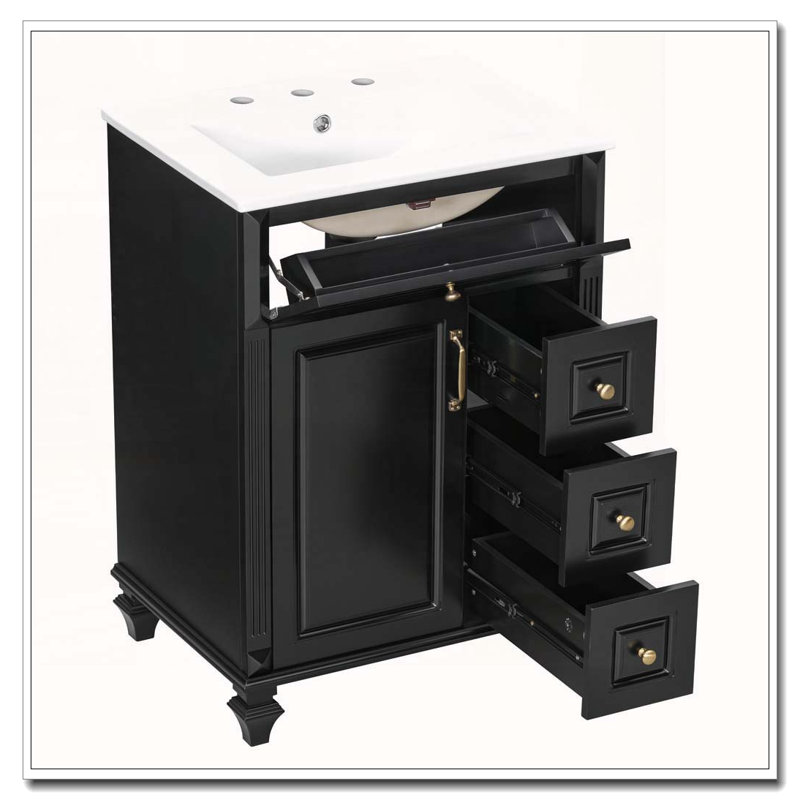 Meuble-lavabo de 24 po en bois massif avec tiroir rabattable et rangement spacieux, Noir
