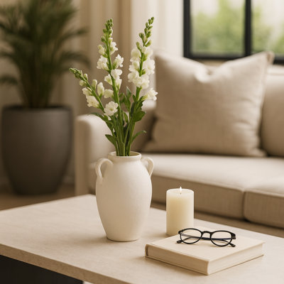 Textured Table Vase Jar With Two Handles for Home Decor - Ceramic Tall Flower Vase for Tabletops and Living Room Accent - White