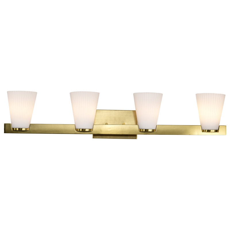 Keindl - Vanity - Ribbed White Glass, Burnished Brass, 33.5" Width, 4 Lights