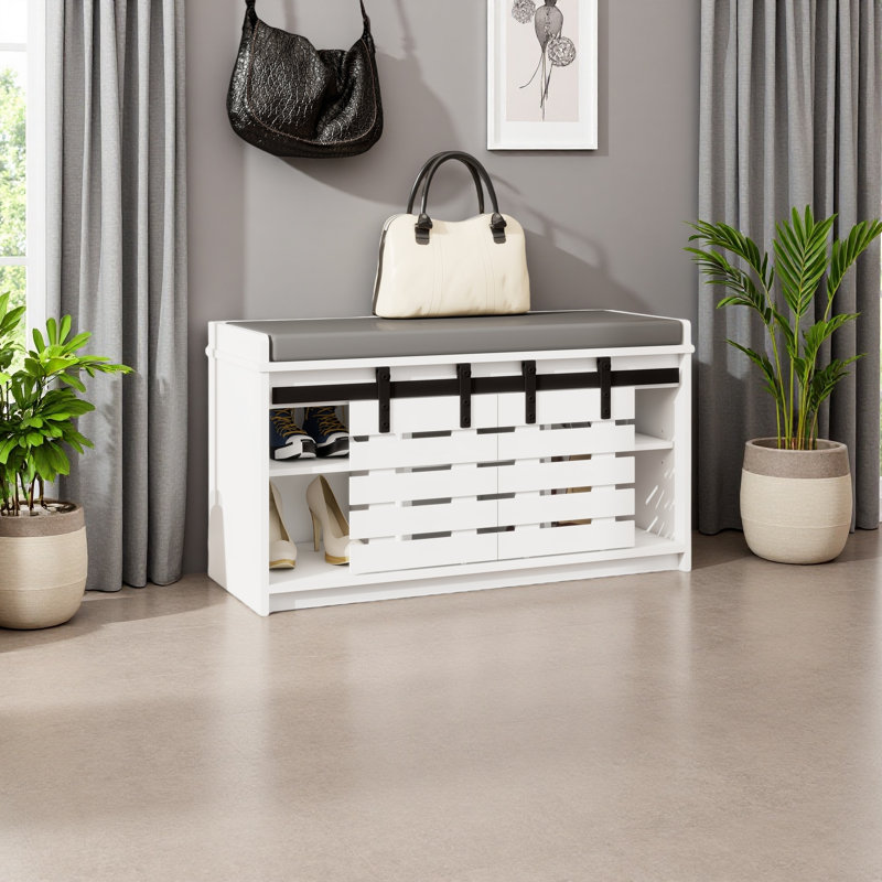 Modern Shoe Storage Bench, 2-Tier Entryway Bench With 2 Sliding Barn Doors & Full Soft Removable Seat Cushion