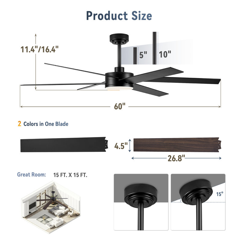  Cissline 60" Modern Black Ceiling Fan With Light, Remote & App Control for Living Room/Dinning Room