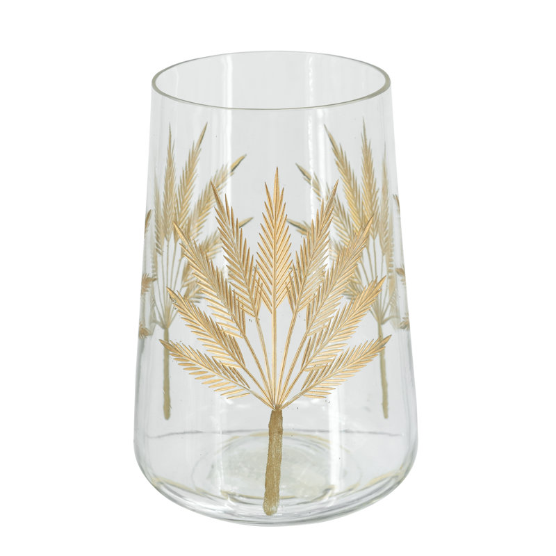Cylindrical Glass Accent Vase with Gold Leaf Motifs - Clear/Gold, 6.9" H x 4.7" W x 4.7" D