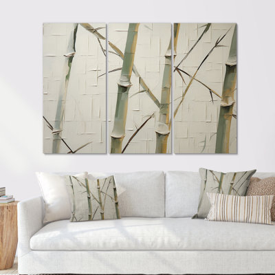 Green And Beige Minimalism Bamboo Serenity - Bamboo Canvas Wall Art Set