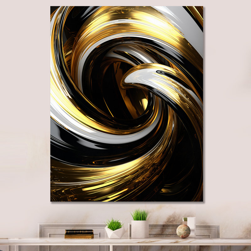 Liquide or noir blanc abstrait spirale minimale sur toile, Toile tendue, H 32 po x l 24 po x P 1 po