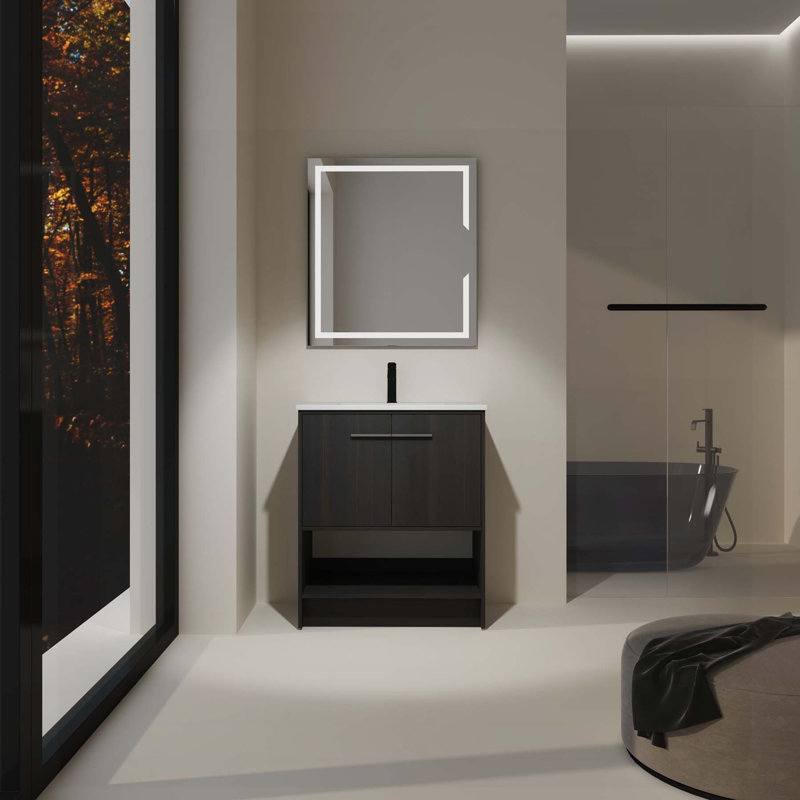 Meuble-lavabo autoportant avec lavabo en céramique et rangement pratique, Chêne foncé, 30"